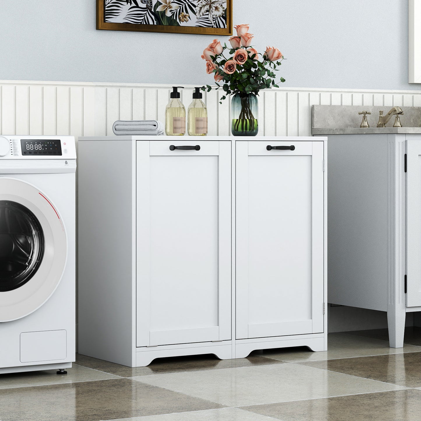 Tilt-Out Laundry Hamper Cabinet with Adjustable Shelf - White