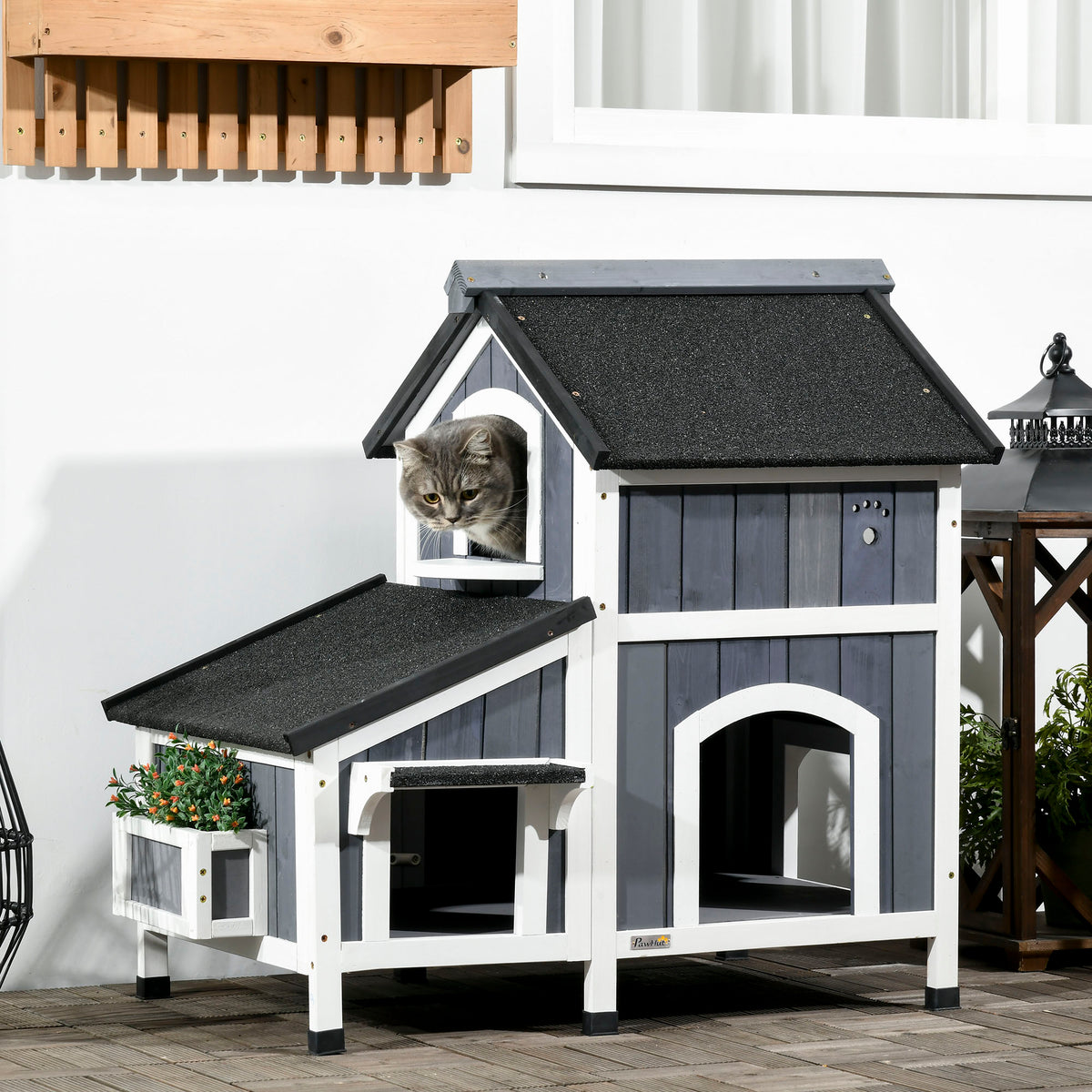Outdoor Cat House with Weather-Resistant Roof & Garden Bed - Gray, 850x590x230mm