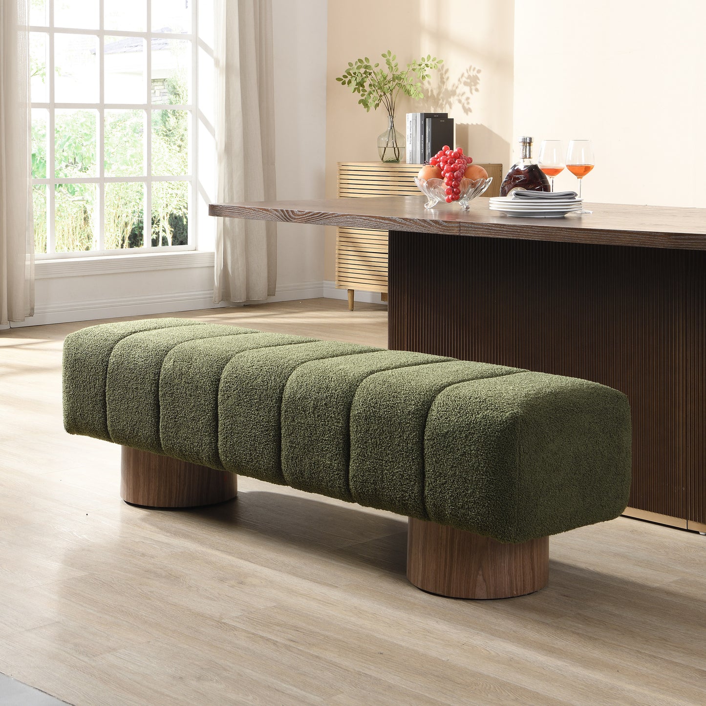 Upholstered Dining Bench - Green Boucle Fabric, No Assembly