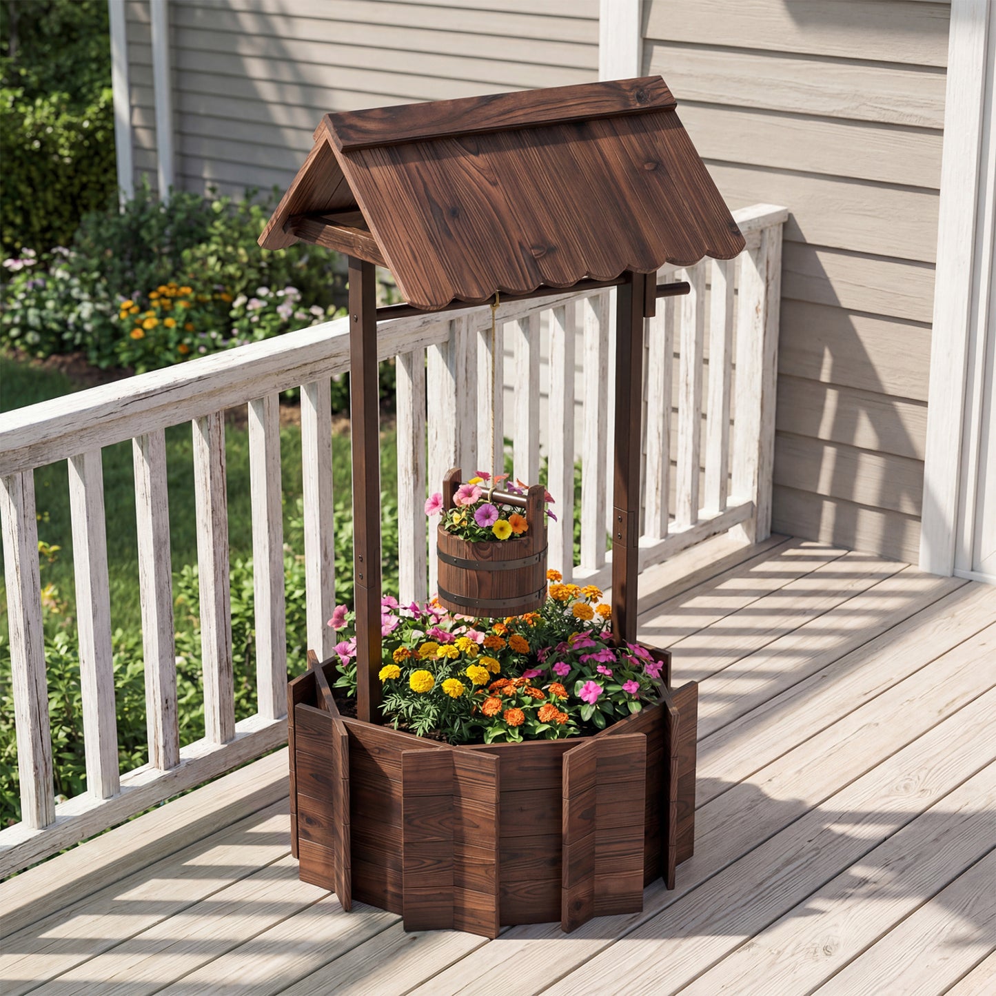 Outdoor Wooden Wishing Well Planter with Hanging Bucket