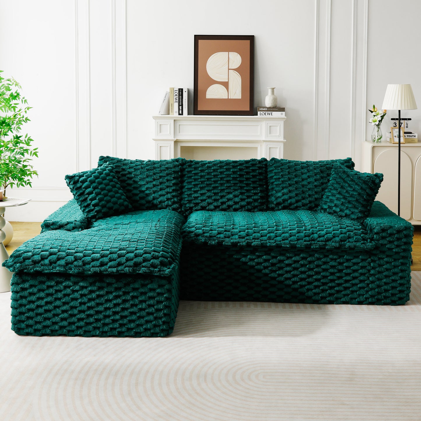 Green Velvet Convertible Sectional Sofa with Chaise Lounge