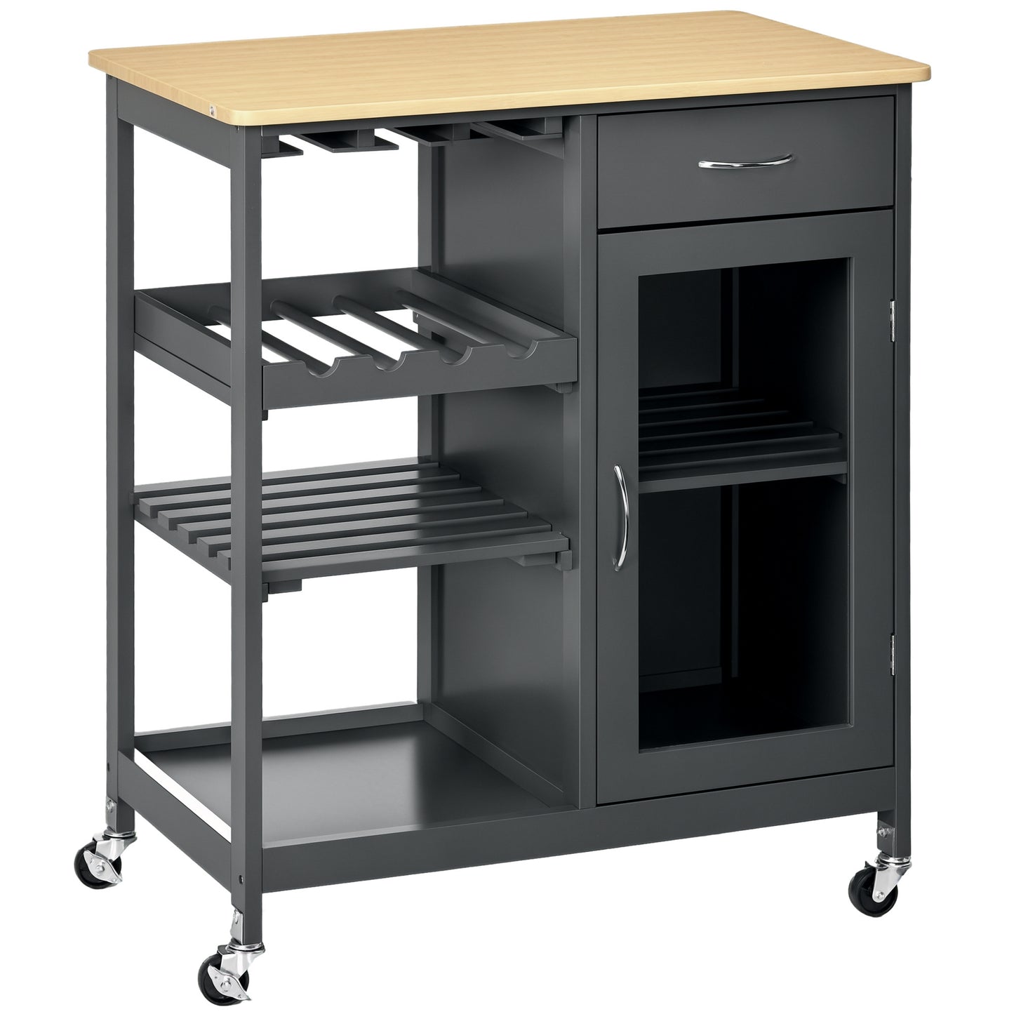 Rolling Kitchen Island Cart with Wine Rack and Storage - Gray
