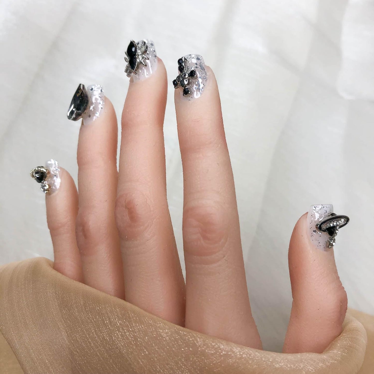 Midnight Stardust Short Press On Nails - Seamless Soft Gel Artificial Nails
