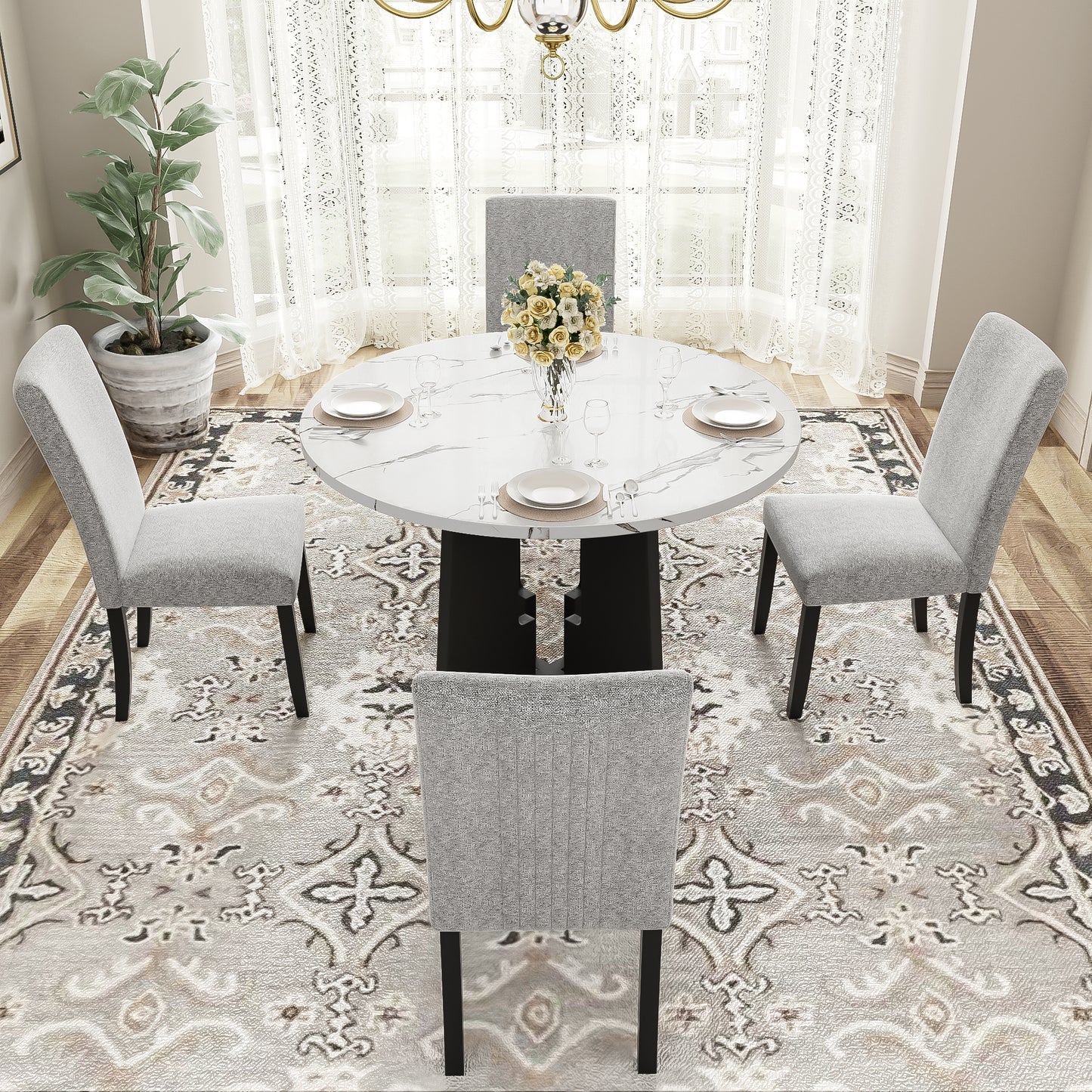 5-Piece Round Dining Table Set, 43-Inch Modern And 4 Upholstered