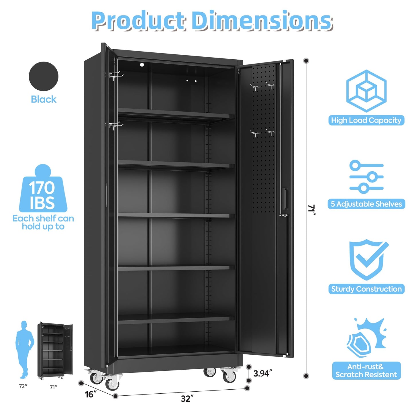 Metal Garage Storage Cabinet with Wheels - 34" W, Lockable, 5 Shelves