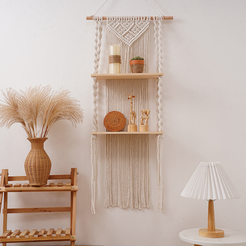 Bohemian Woven Tapestry Shelf with Wooden Bar - Natural Beige 40x90cm