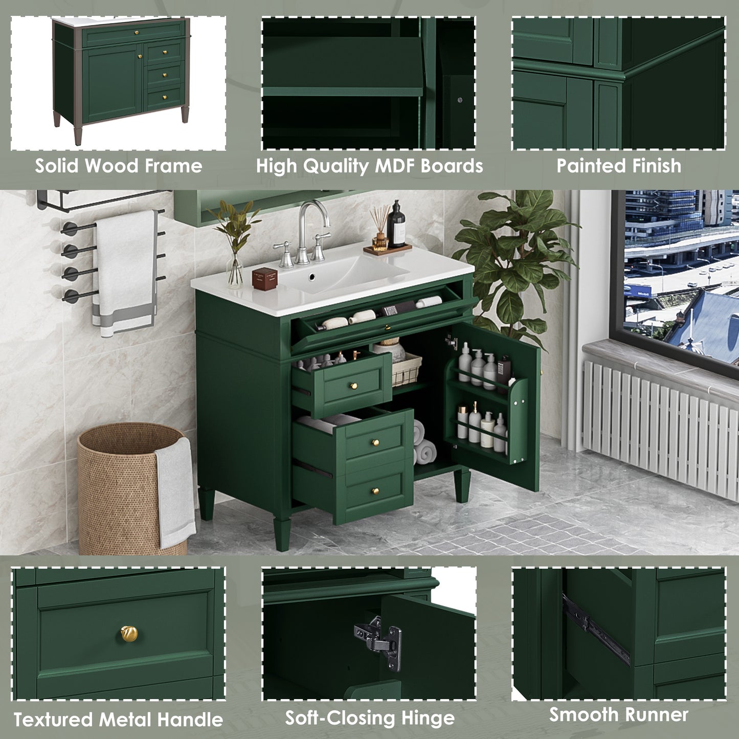 36'' Modern Bathroom Vanity with Sink & 3 Drawers - Garnet/Green