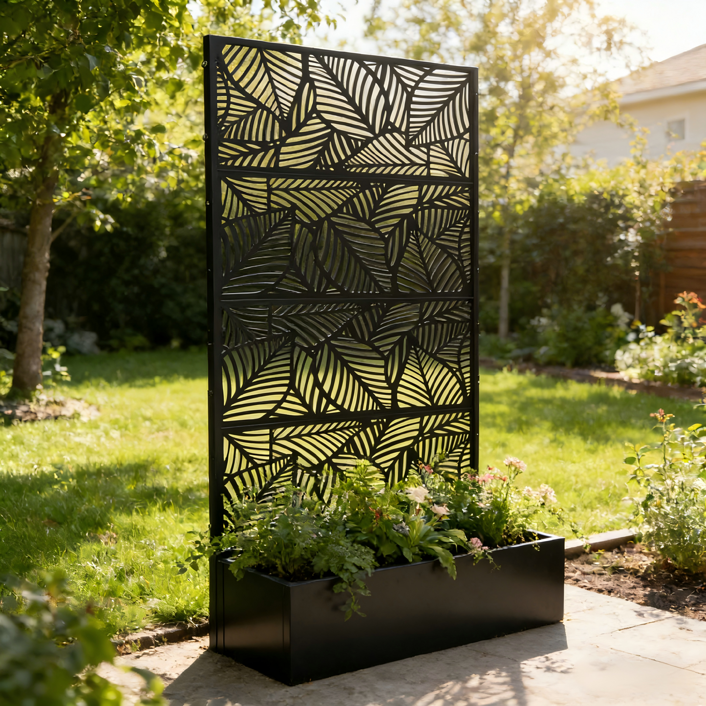 Leaf Pattern Privacy Screen with Planter Box - Black Metal