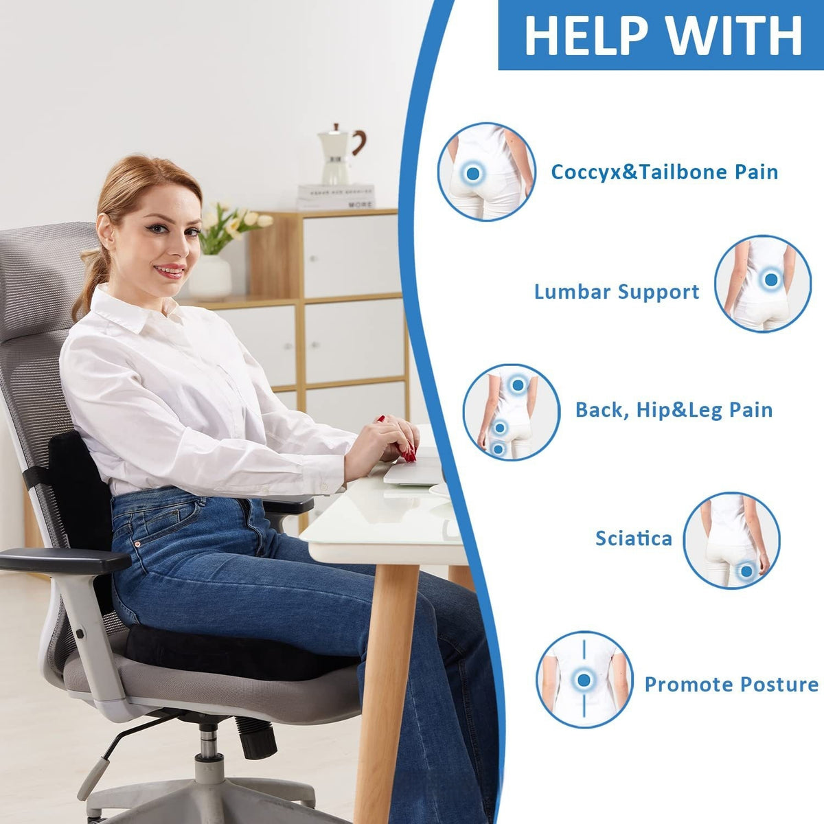 Ergonomic Office Chair Cushion Hip Support Memory Foam Seat Pad