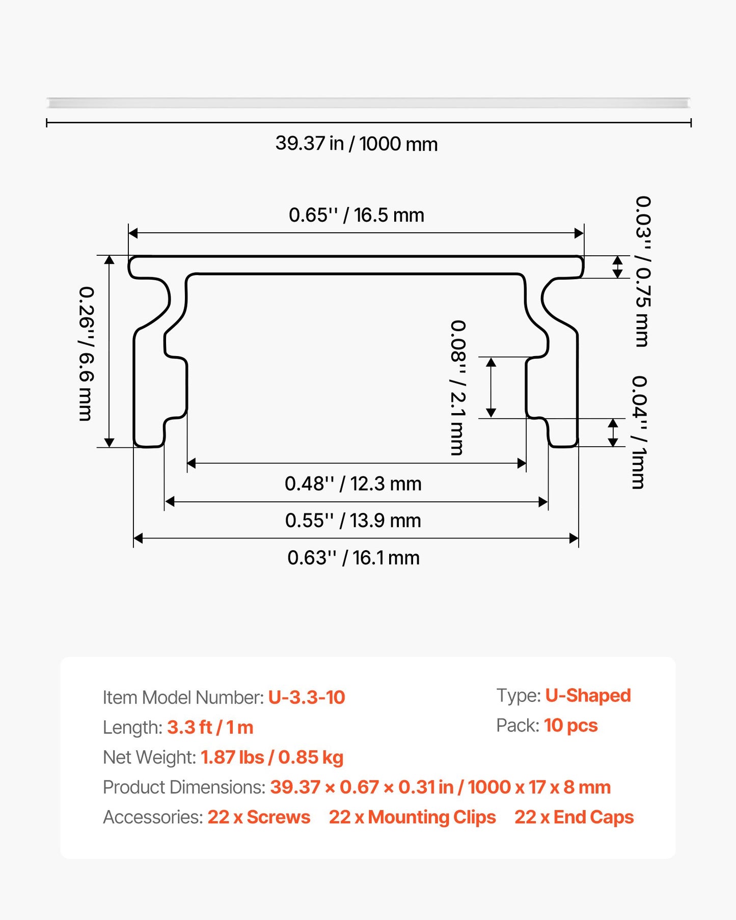 10-Pack U Shape LED Aluminum Channel with Milky Cover for Under Cabinet Lighting