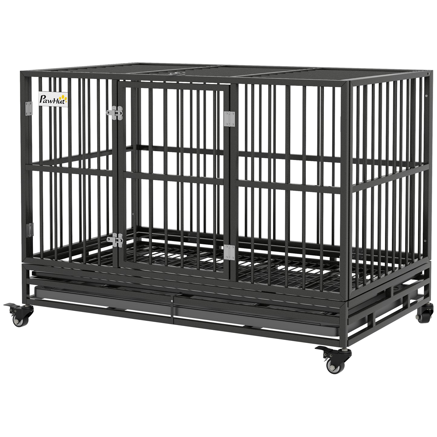 Heavy Duty Metal Dog Crate 48 Inch with Lockable Wheels & Double Doors