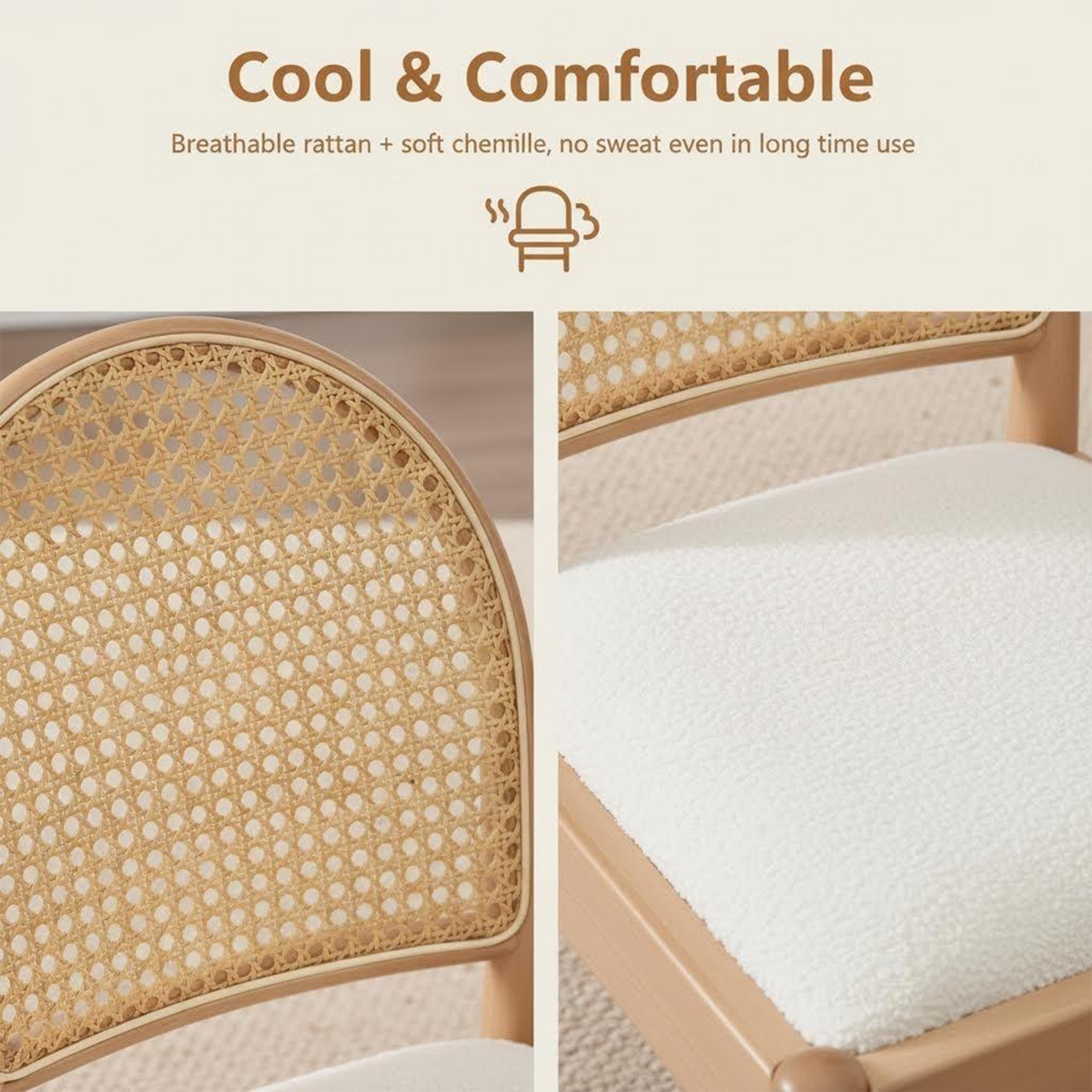 Beige Rattan Dining Chairs Set of 2 - Upholstered Kitchen Seating