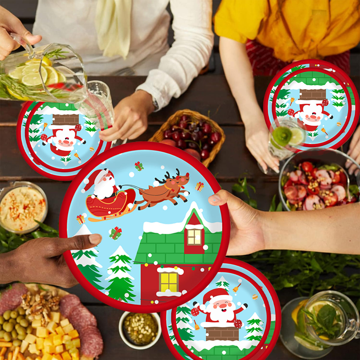 Christmas Paper Plates and Cups Set for 10 Guests - Santa & Elk
