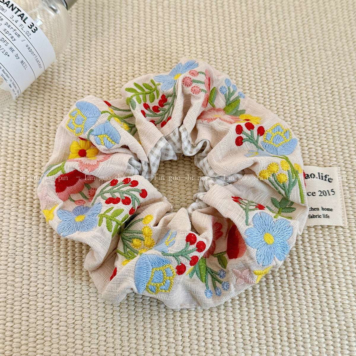 Embroidered Fabric Hair Tie Scrunchie for Buns & Ponytails