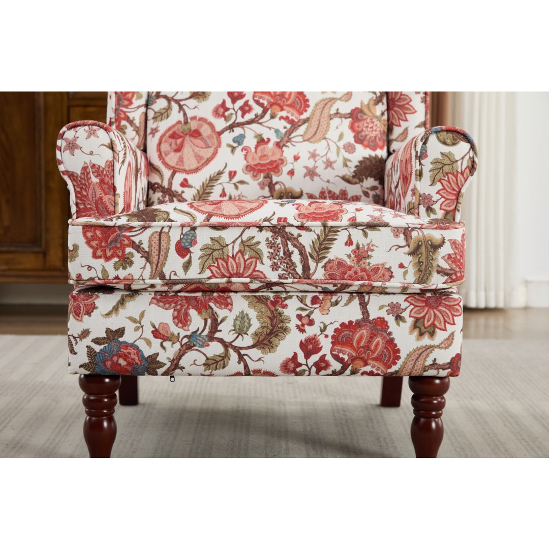 Floral Accent Chair with Retro Wood Legs - Bean Paste Red