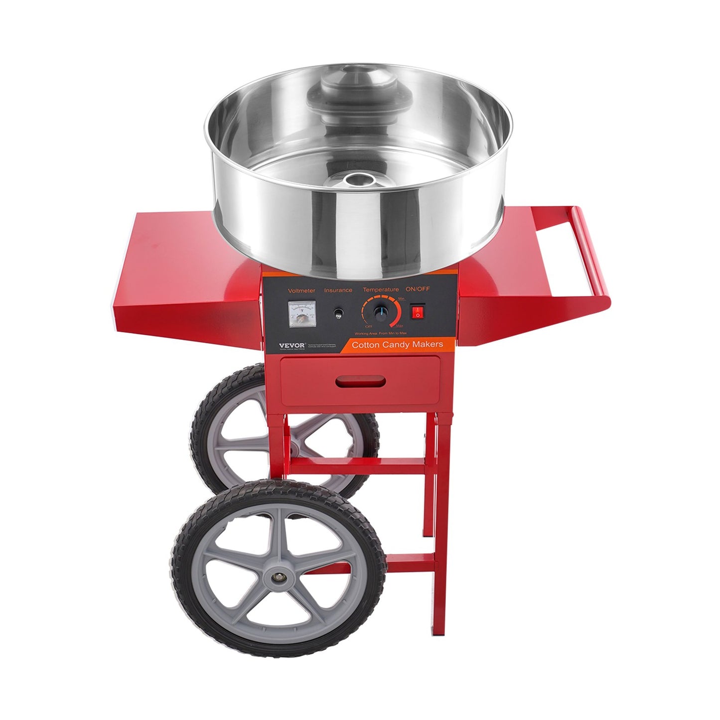 Electric Cotton Candy Machine with Cart - 1000W Commercial Candy Floss Maker, Stainless Steel Bowl, Red