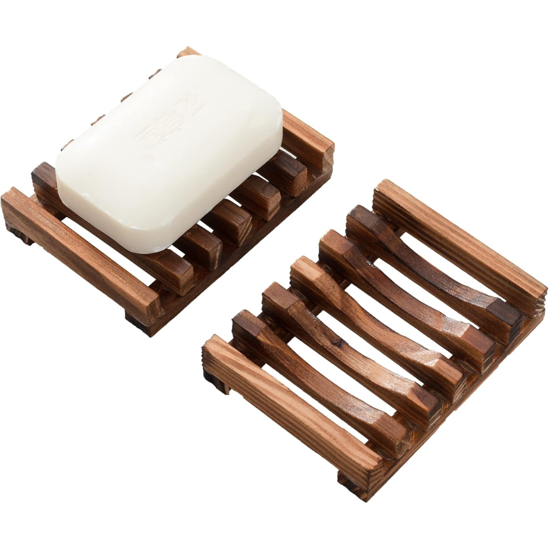 Self-Draining Soap Dish Set of 2 - Brown Wooden Bar Holder