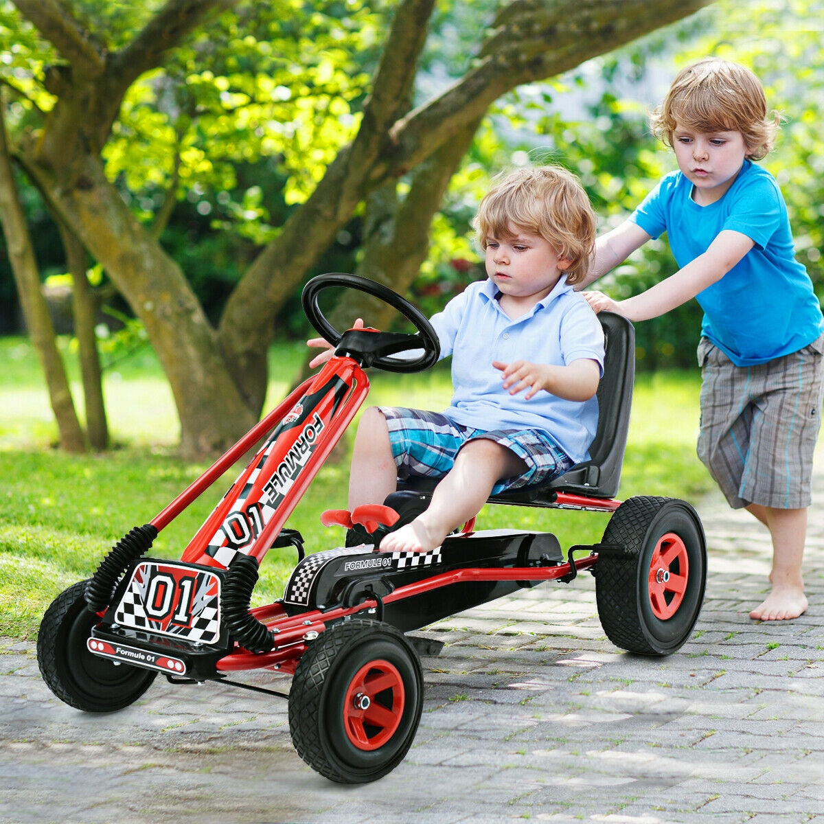 Kids Pedal Powered Go Kart - 4 Wheels Outdoor Racer Toy - Red