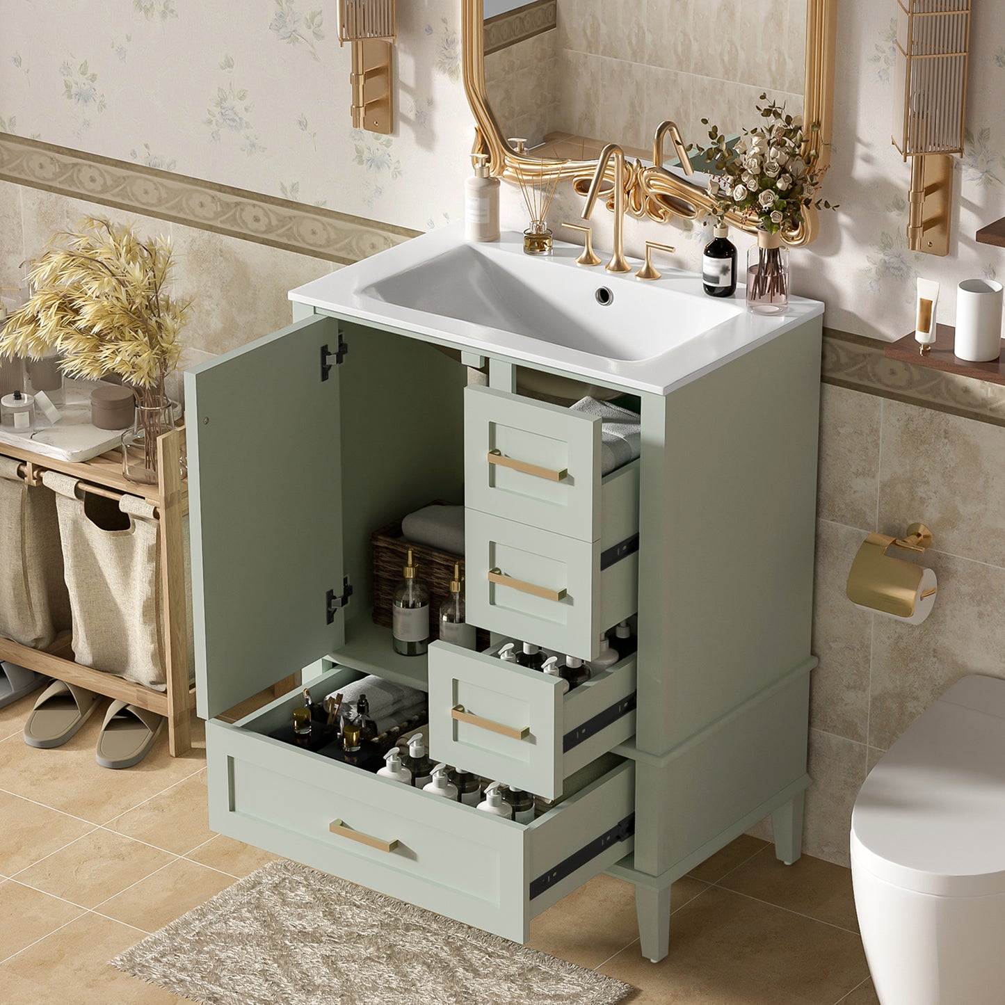 24.8" Bathroom Vanity with Ceramic Sink - Green Freestanding Cabinet
