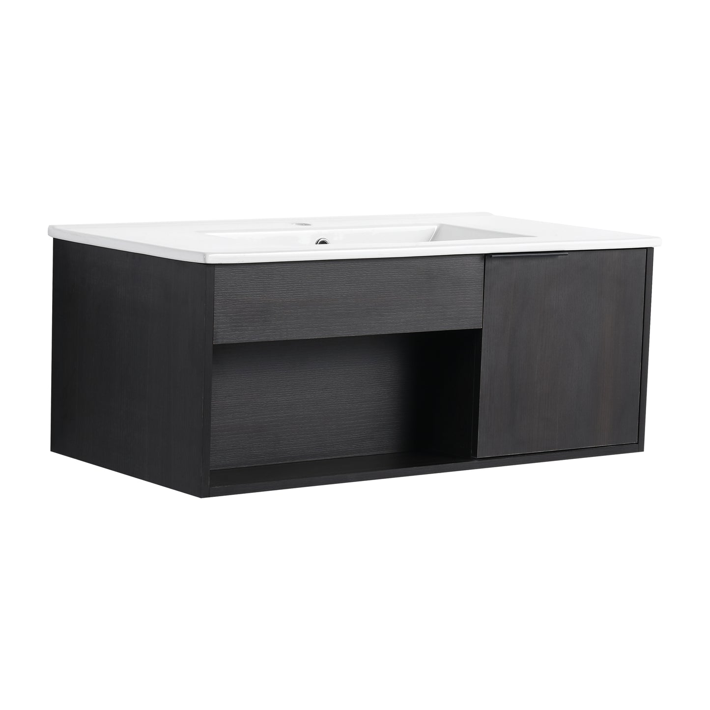 36" Wall-Mounted Bathroom Vanity with Ceramic Sink - Dark Oak