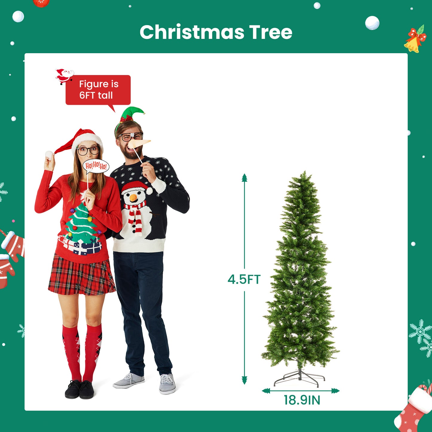 Prelit Slim Christmas Tree with 250 LED Lights & Foldable Base