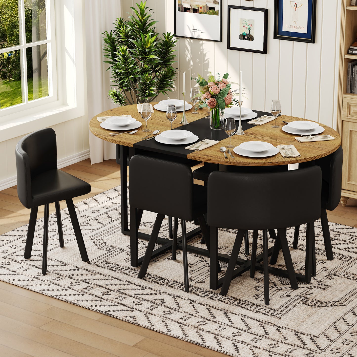 7-Piece Oval Dining Table Set, Fixed Wood Grain & Black Triamine