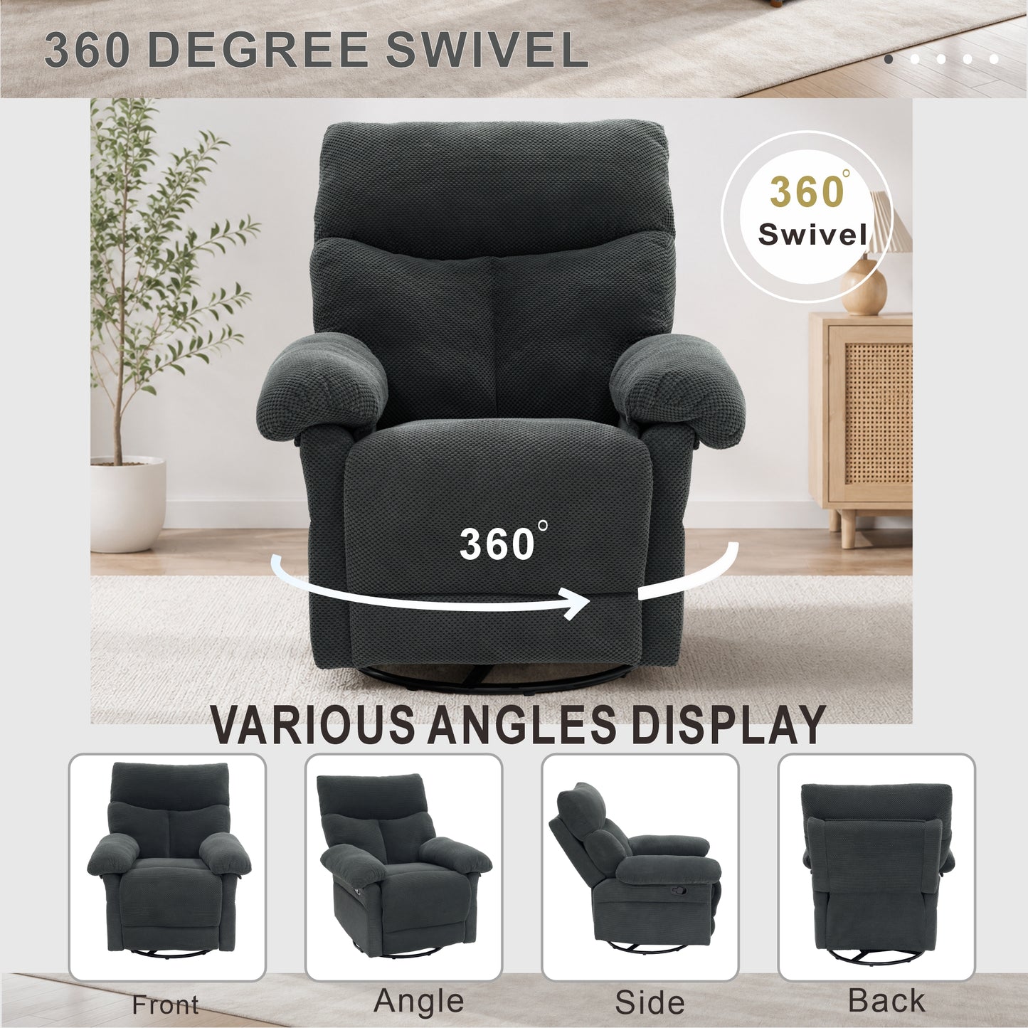 Modern Swivel Rocker Recliner Chair - Dark Gray Fabric Armchair