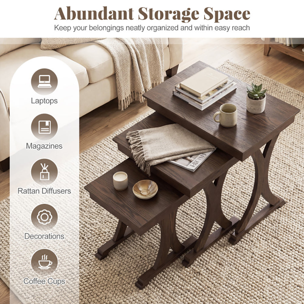 3 Pieces Nesting Coffee Table Side With Solid Rubber Wood Legs For