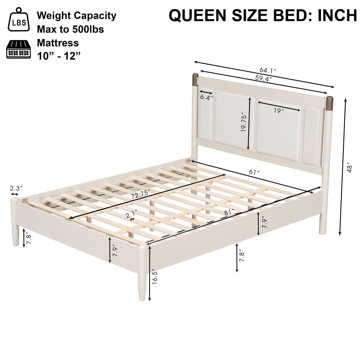 Solid Wood Queen Bed, Heavy Duty 500 Lbs Support, No Box Spring
