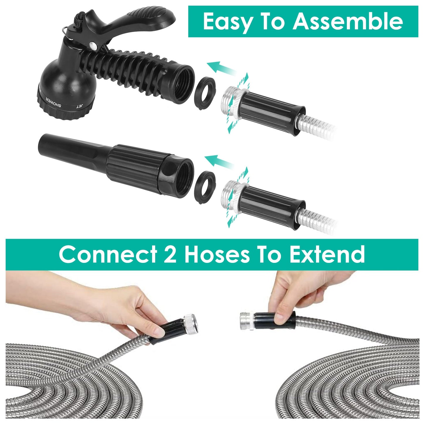 Heavy Duty Stainless Steel Garden Hose with 7-Pattern Nozzle - Flexible & Puncture Resistant