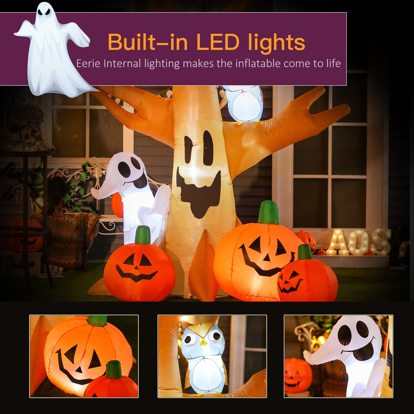 7.5' Tall Halloween Inflatable Tree with Owl & Ghost - Multicolor