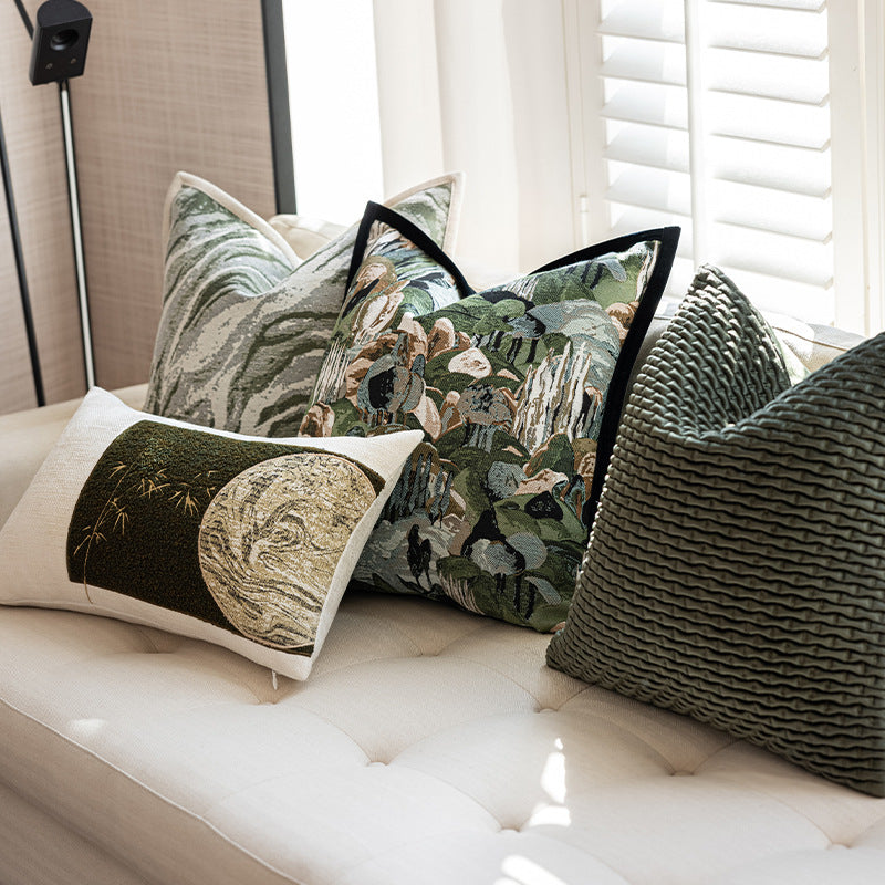 Chinese-Style Green Embroidered Throw Pillow with Bamboo Leaf Design