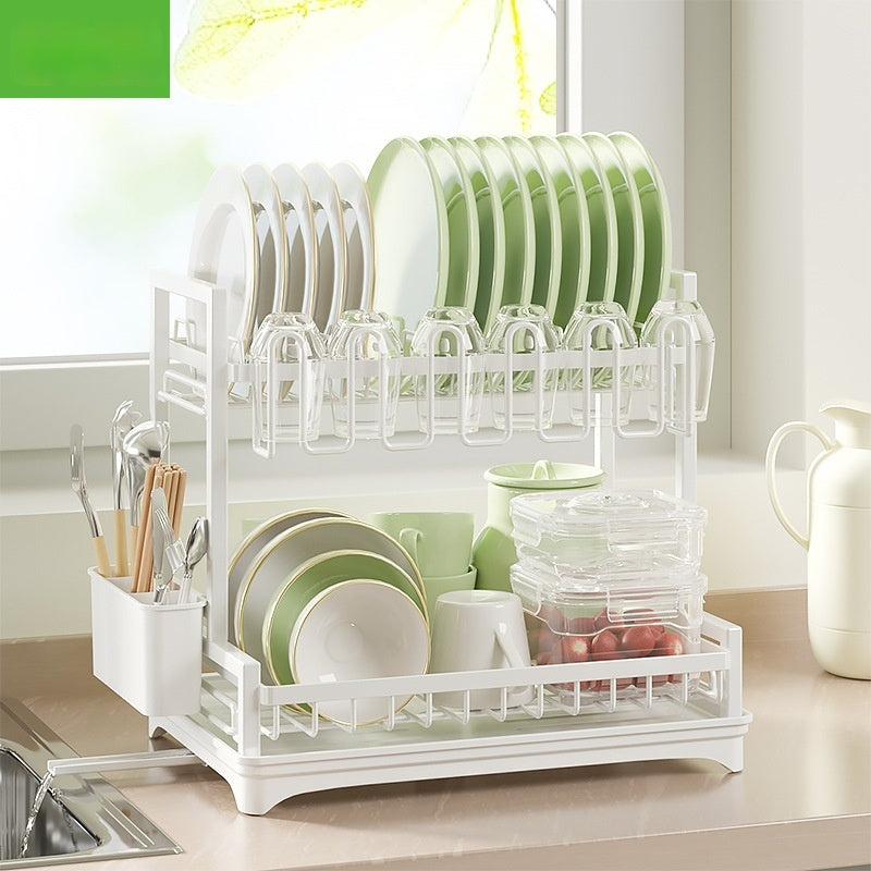 Kitchen Multi-Functional Storage Rack with Hanging Cup Drain Basket - Double Layer White