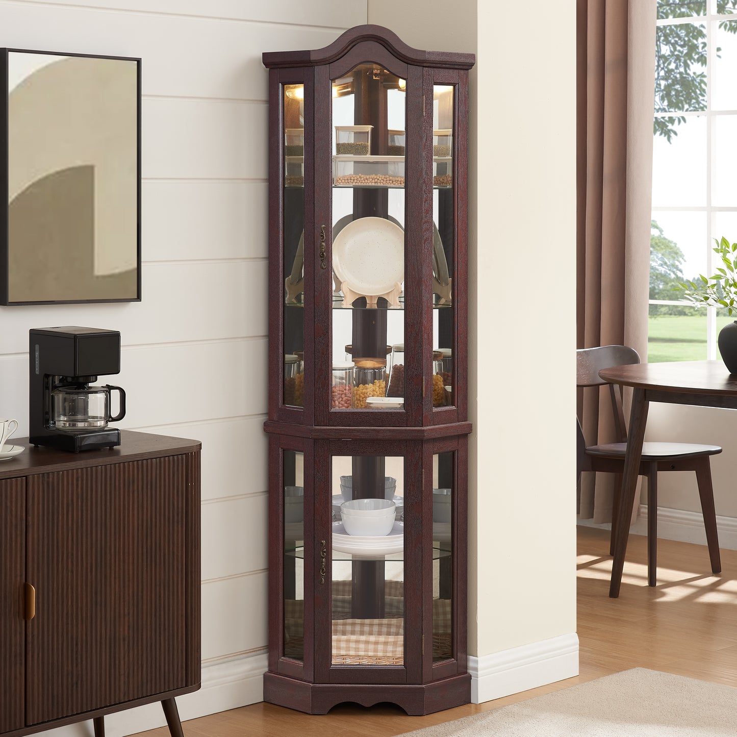 Lighted Corner Curio Cabinet With Tempered Glass Doors & Shelves -
