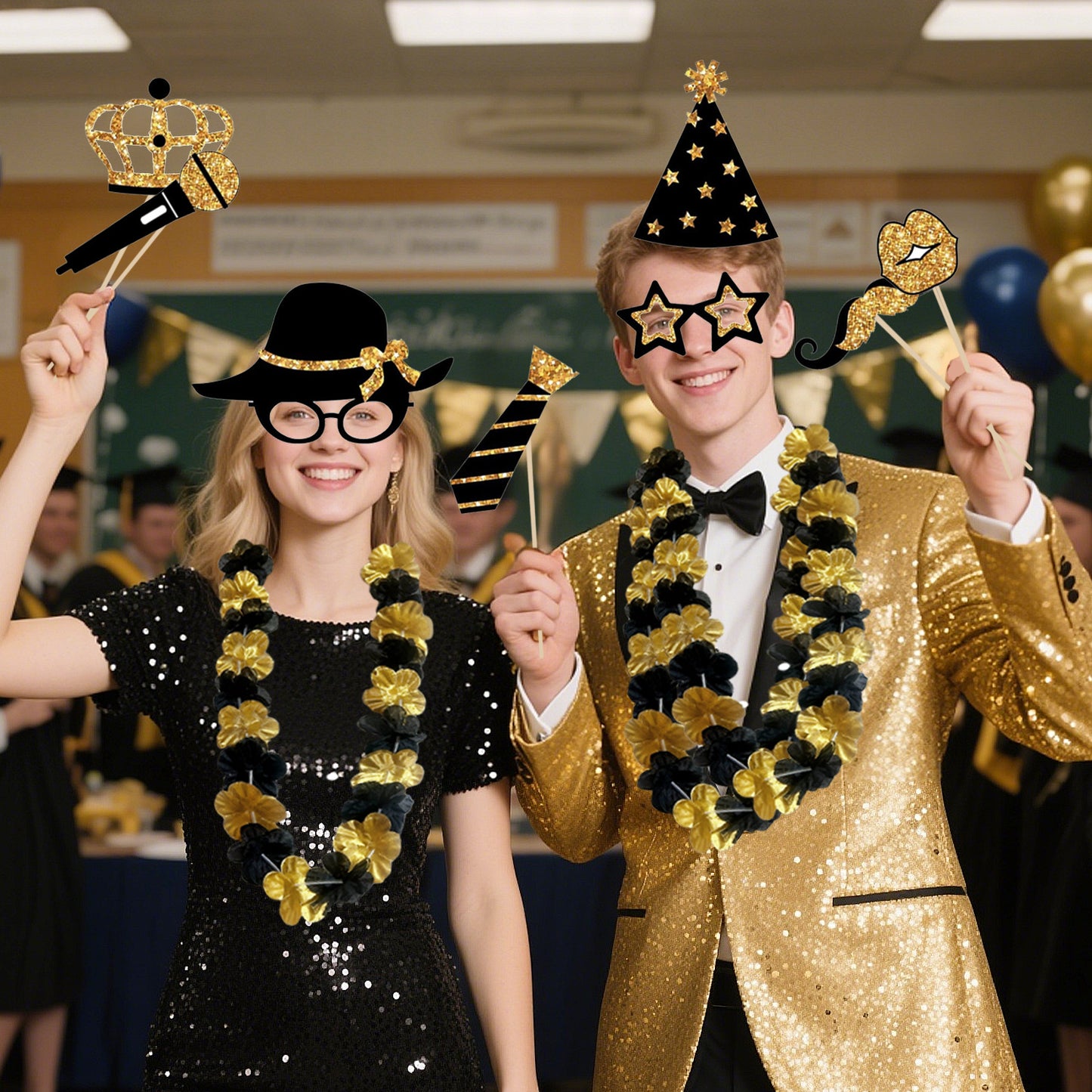 24-Piece Birthday Photo Prop Set - Gold & Black Theme