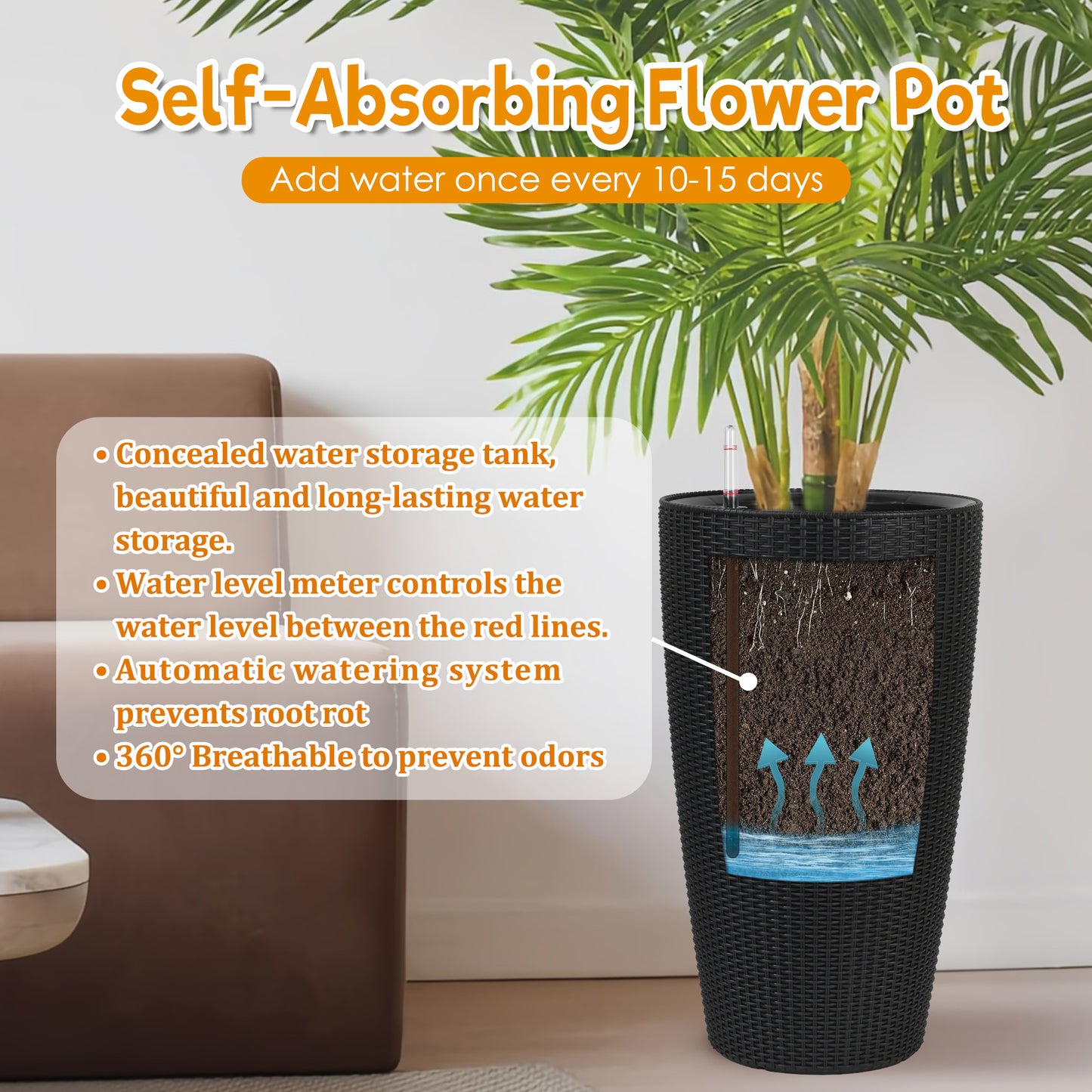 Set Of 2 Faux Rattan Tall Planters Outdoor Indoor Large With Water