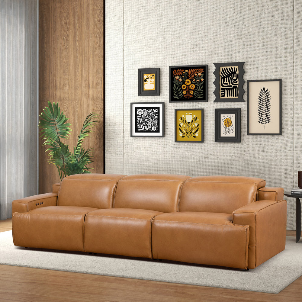 Urbana Triple PWR Recliner Sofa - Tan Leather