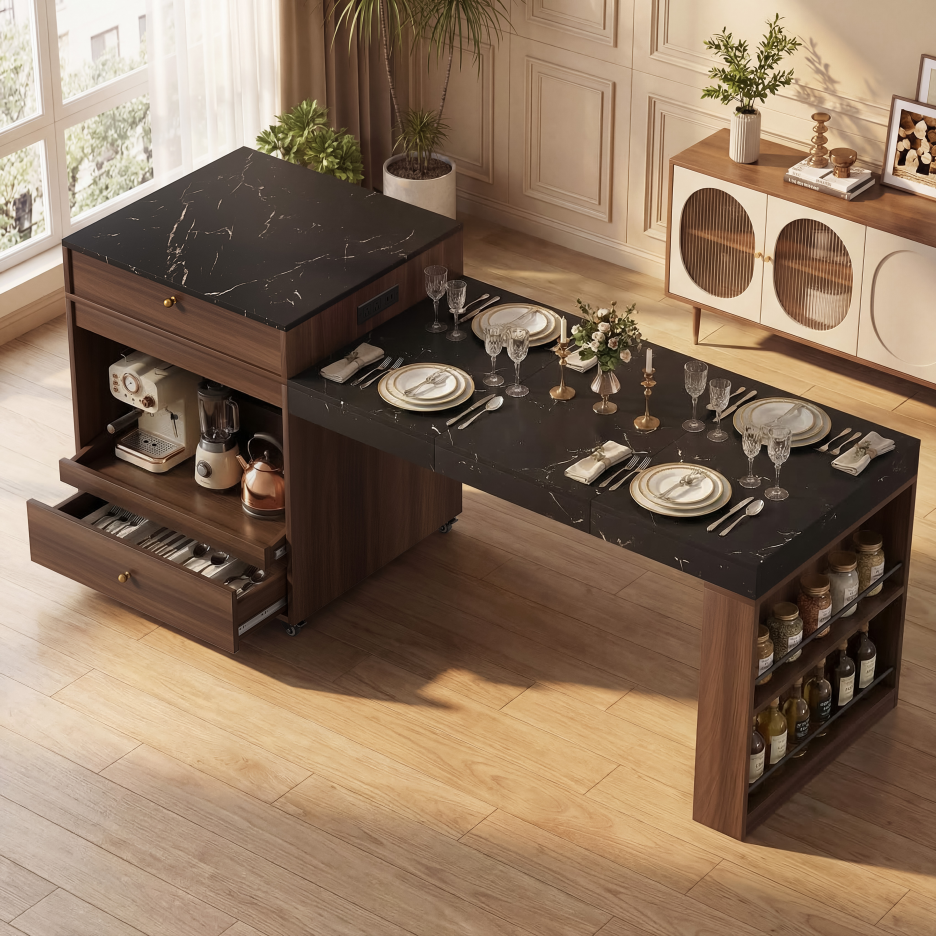 78.8-Inch Rolling Kitchen Island with Extendable Dining Table, Walnut