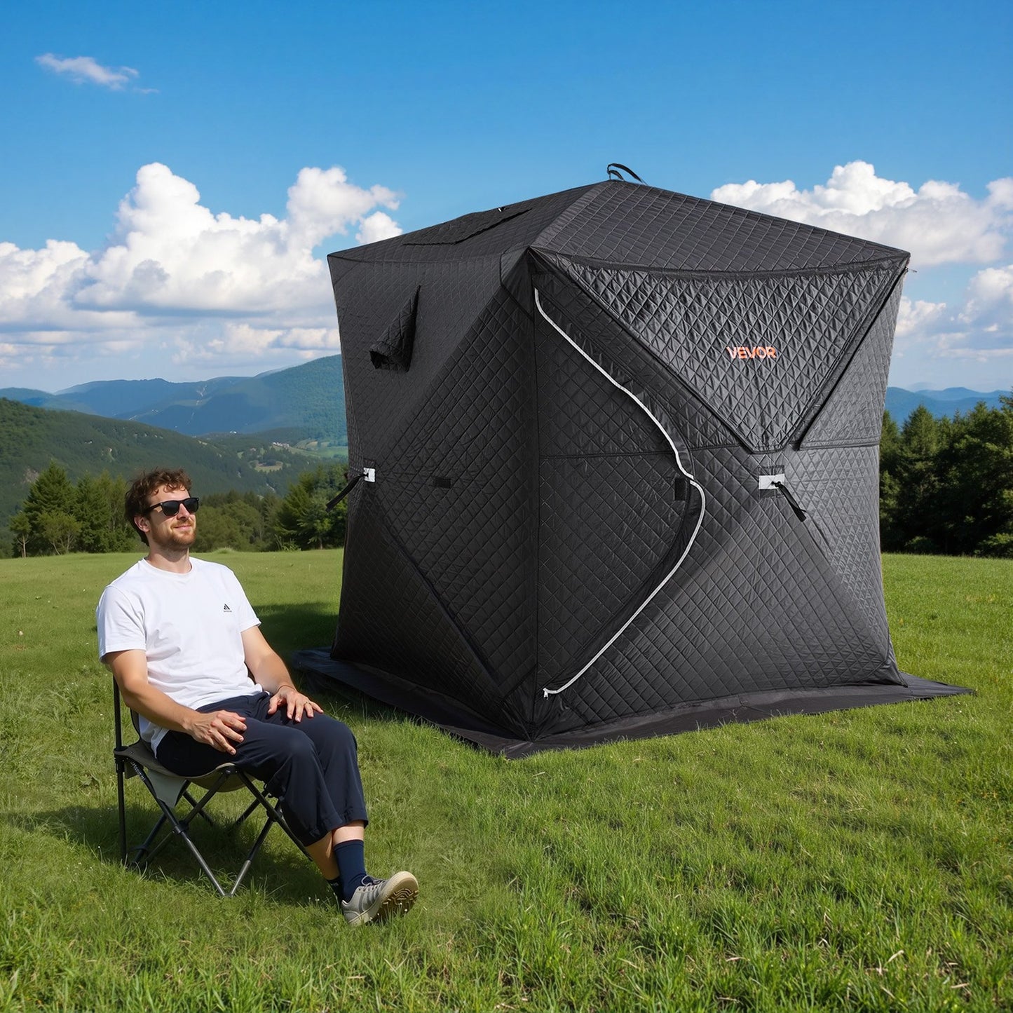 Outdoor 4-Person Sauna Tent with Velcro Flaps for Camping - Black