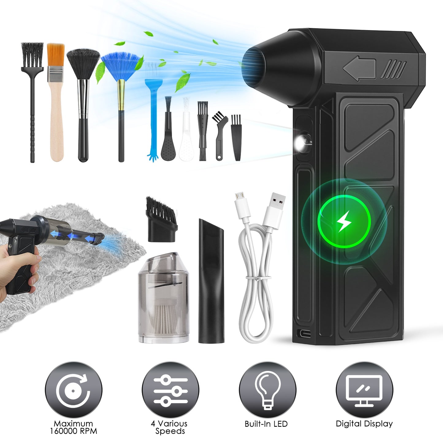 Cordless Compressed Air Duster with LED Light - 4 Speeds