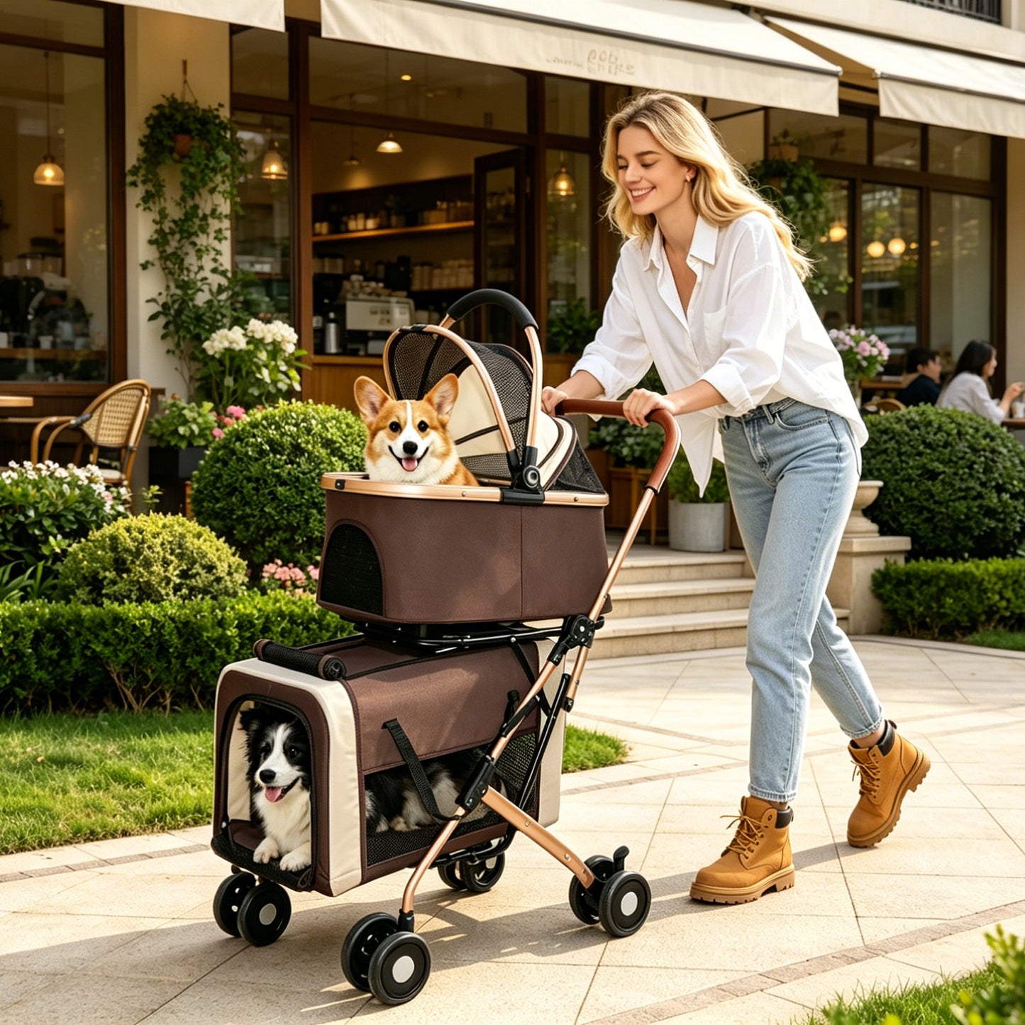Double Pet Stroller for Dogs and Cats - Foldable, 3-in-1 Carrier with Shockproof Wheels