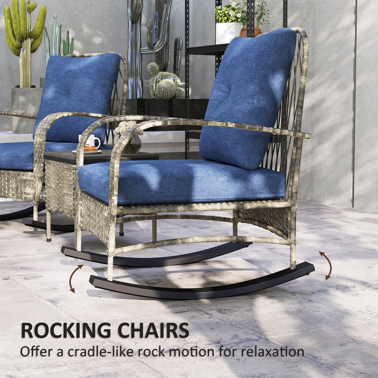 3-Piece Gray Wicker Patio Furniture Set with Rocking Chairs & Table