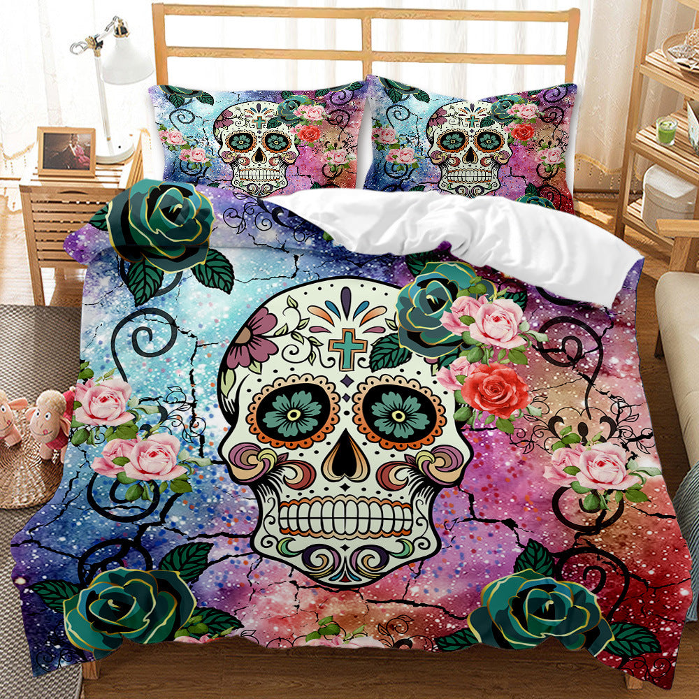 Three-Piece Skull Duvet Cover Set Modern Floral Bedding for Bedroom