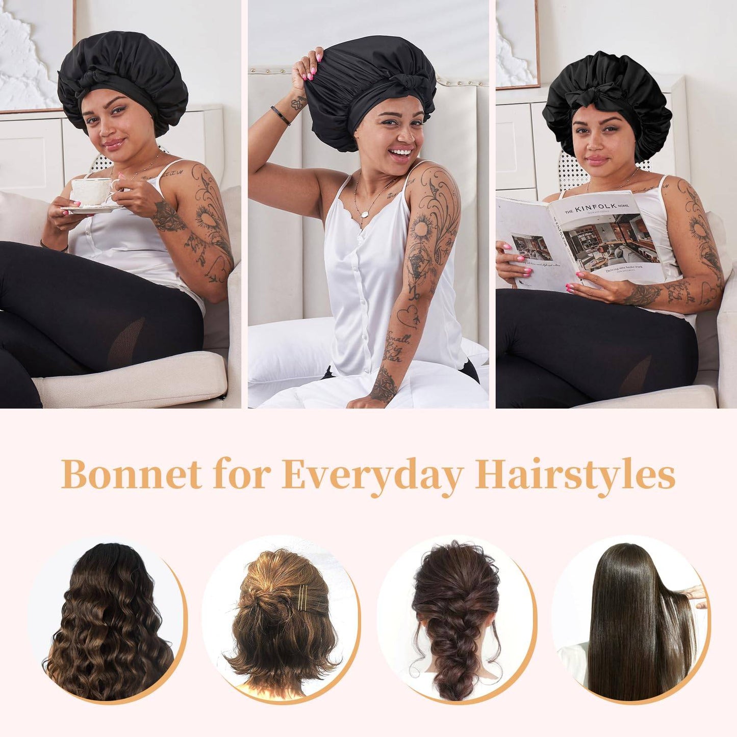 Adjustable Satin Hair Bonnet for Sleeping - Double Layer Silk Hair Wrap