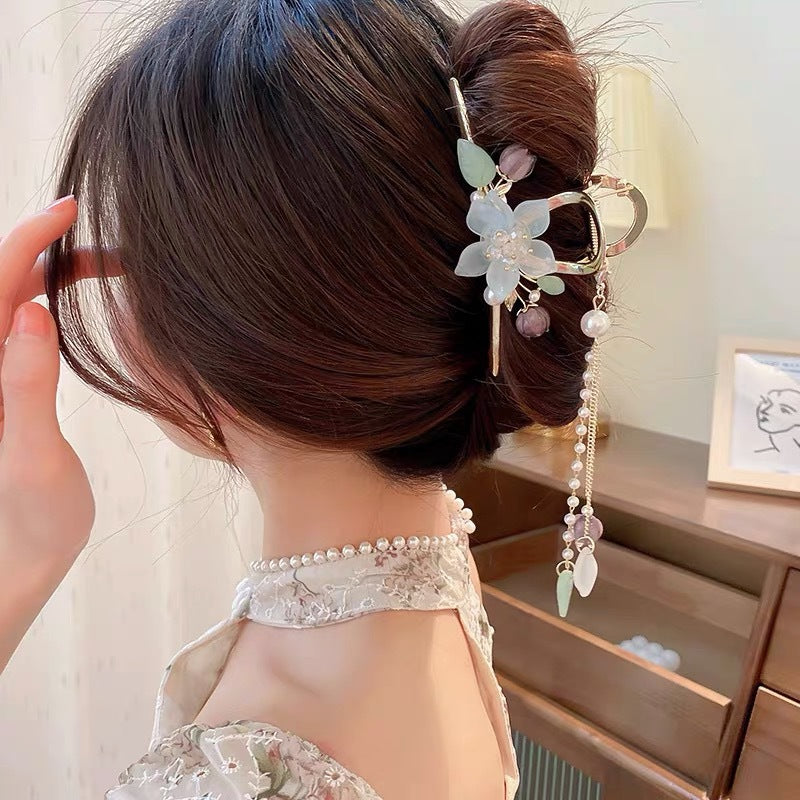 Antique Metal Hair Clip with Tassel & Pearl Detail