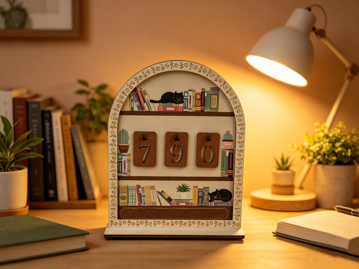 Wooden Black Cat Bookshelf Reading Tracker - Reusable Book Log & Desk Decor