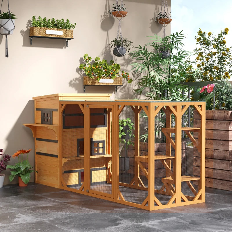 Outdoor Cat House with 5 Escape Doors Weatherproof Wooden Shelter - Yellow & Black