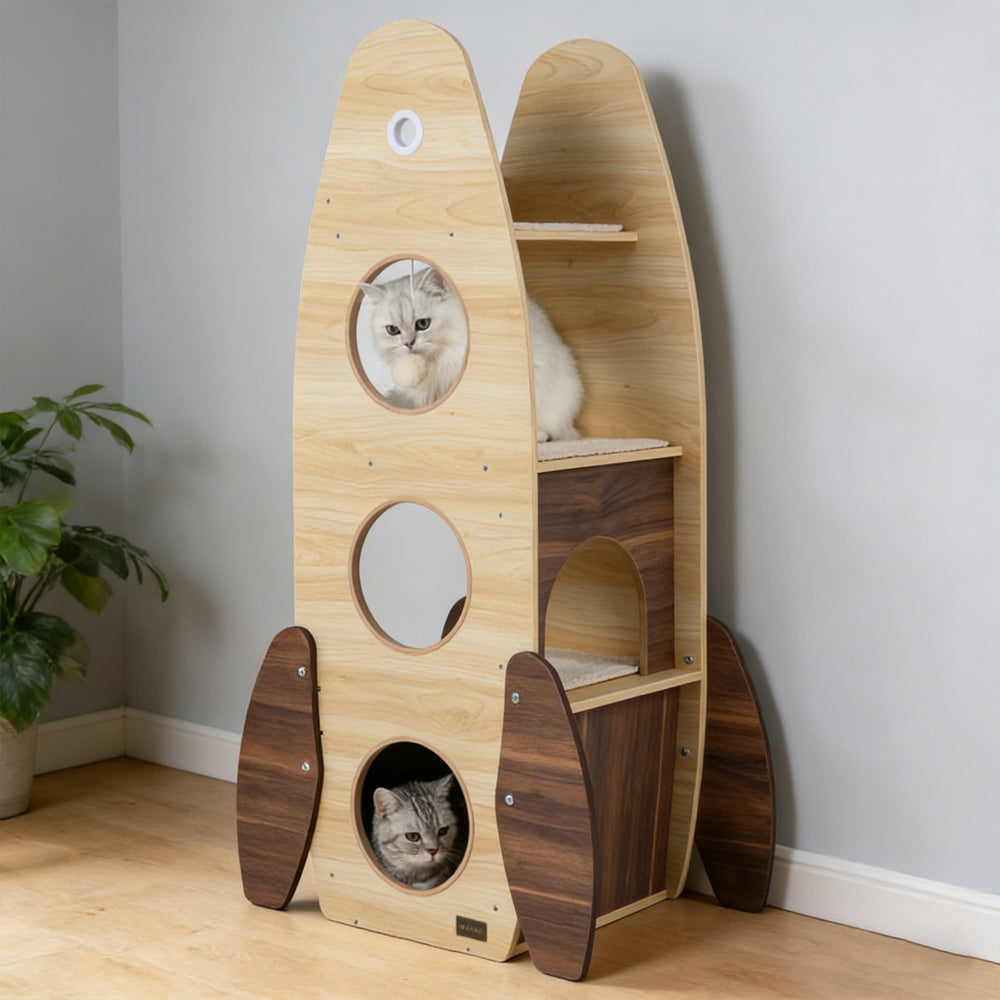 Large 47-Inch Wooden Cat Tree with Scratching Pad and Multi-Level Playhouse - Natural & White