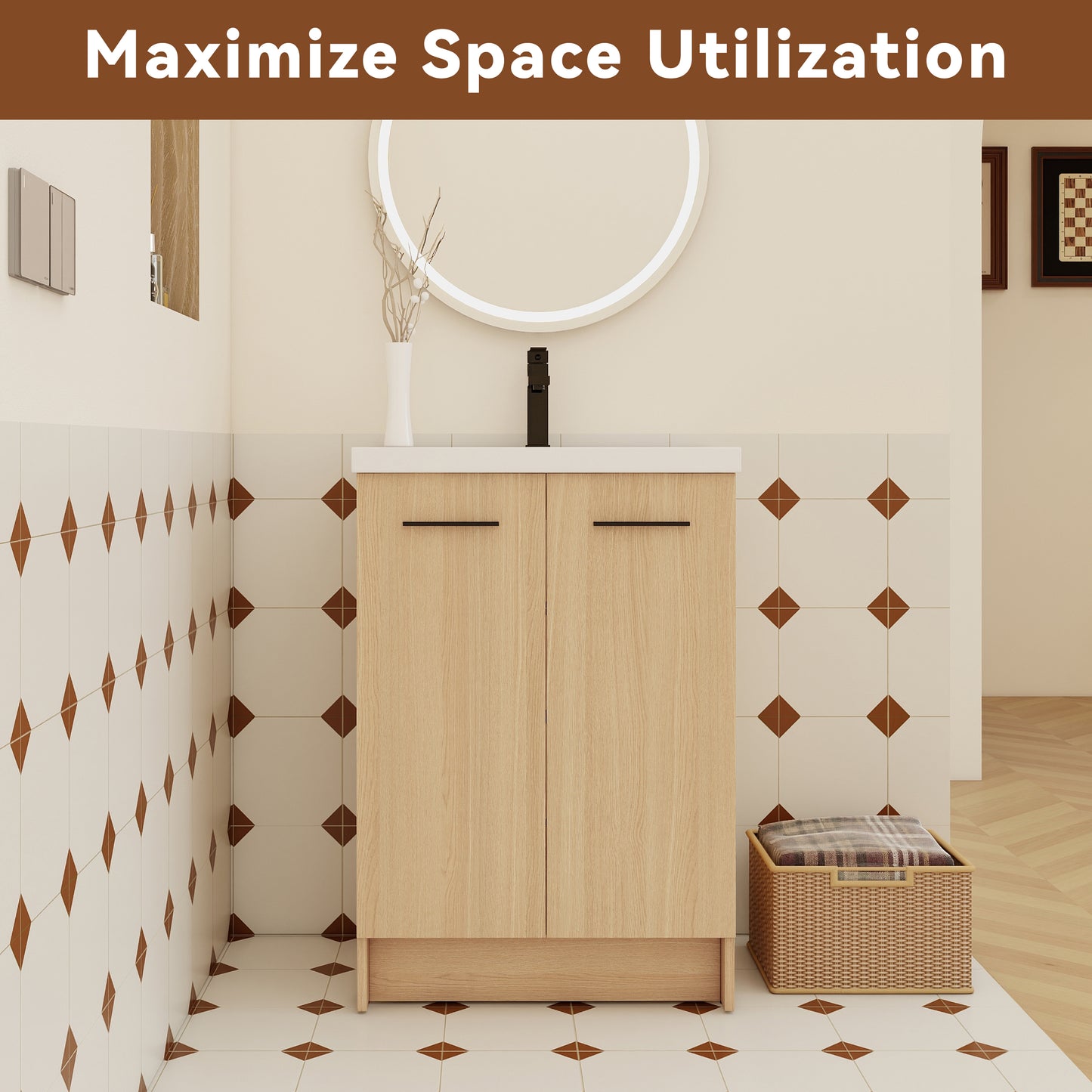 24" Freestanding Bathroom Vanity with Resin Sink - Light Oak