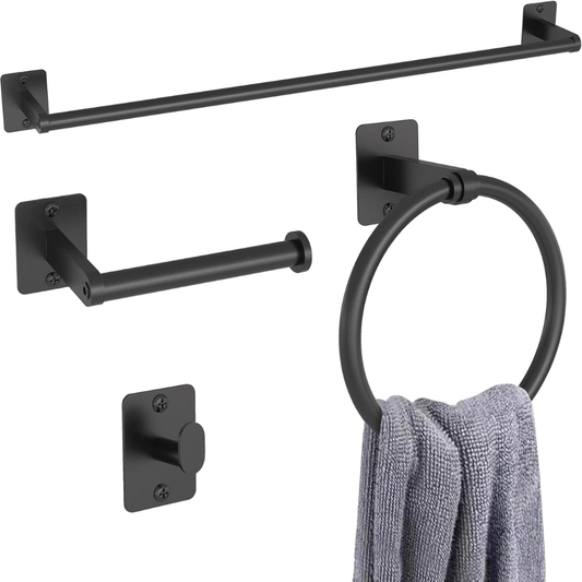 4-Piece Matte Black Bathroom Hardware Set - 24-Inch Towel Bar & Accessories